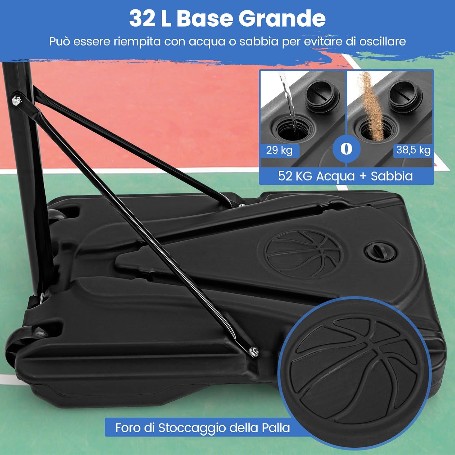 Canestro da Basket Portatile, Supporto Regolabile in Altezza a 8 Posizioni con Tubo Centrale Rimovibile, Base Ampia, Canestro da Basket da Interno e da Esterno