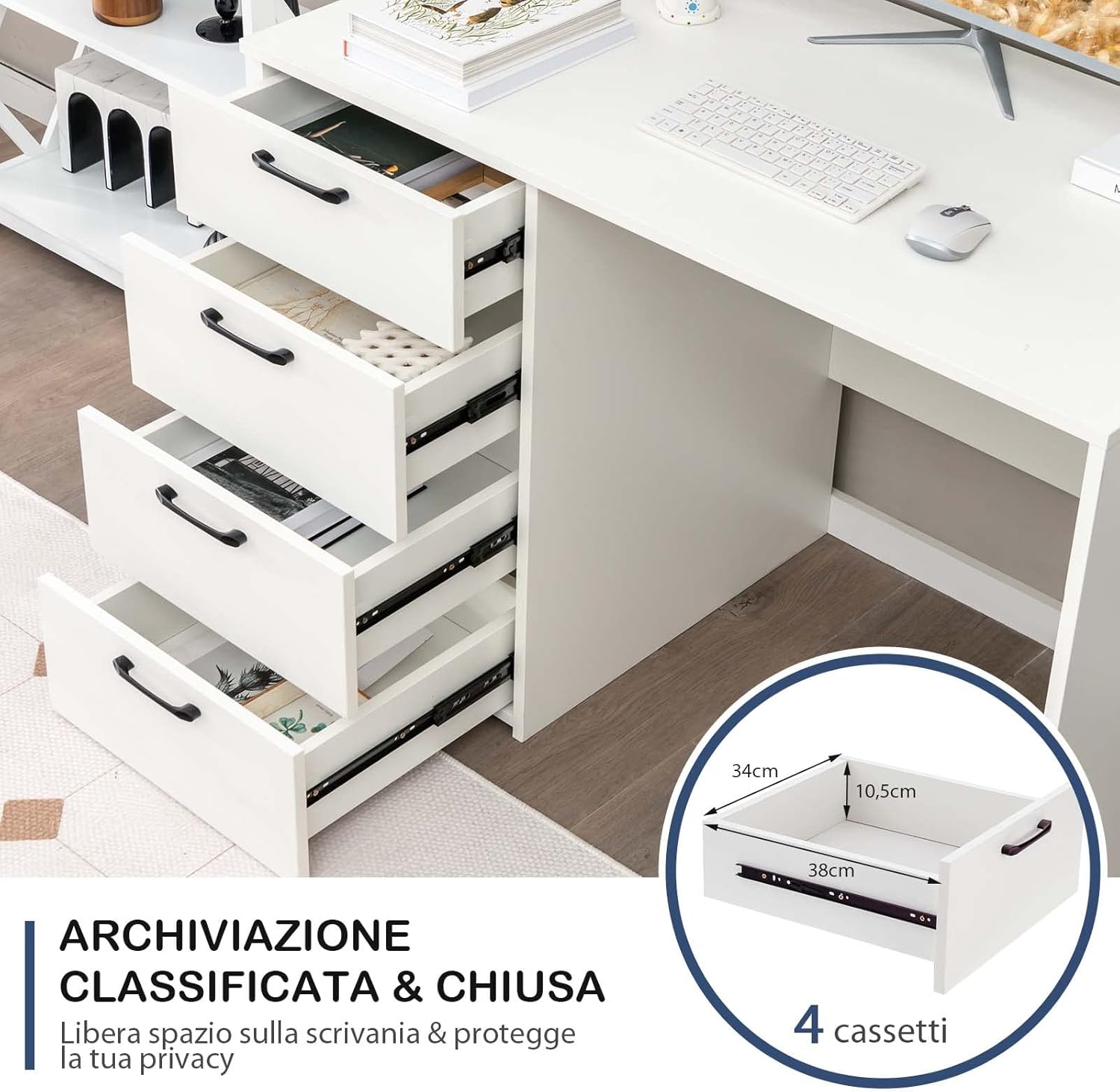 Scrivania per Computer con 4 Cassetti, Scrivania Porta PC in Legno con Ampio Piano, Scrivania Moderna e Semplice per Casa, Ufficio e Studio, Portata 95 kg, 110 x 60 x 76 cm, Bianco