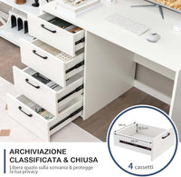 Scrivania per Computer con 4 Cassetti, Scrivania Porta PC in Legno con Ampio Piano, Scrivania Moderna e Semplice per Casa, Ufficio e Studio, Portata 95 kg, 110 x 60 x 76 cm, Bianco