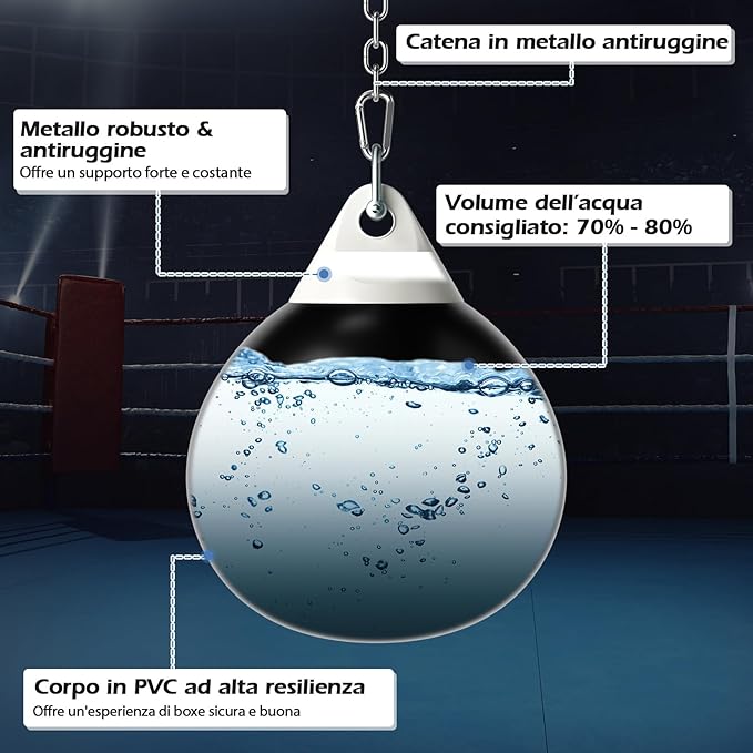 Sacco da Boxe ad Acqua da 51,5 cm, Sacco Anti-Perdite con Tubo di Riempimento d'Acqua, Catena in Metallo, Gancio e Croce, Sacco per Allenamento per Adulti e Bambini