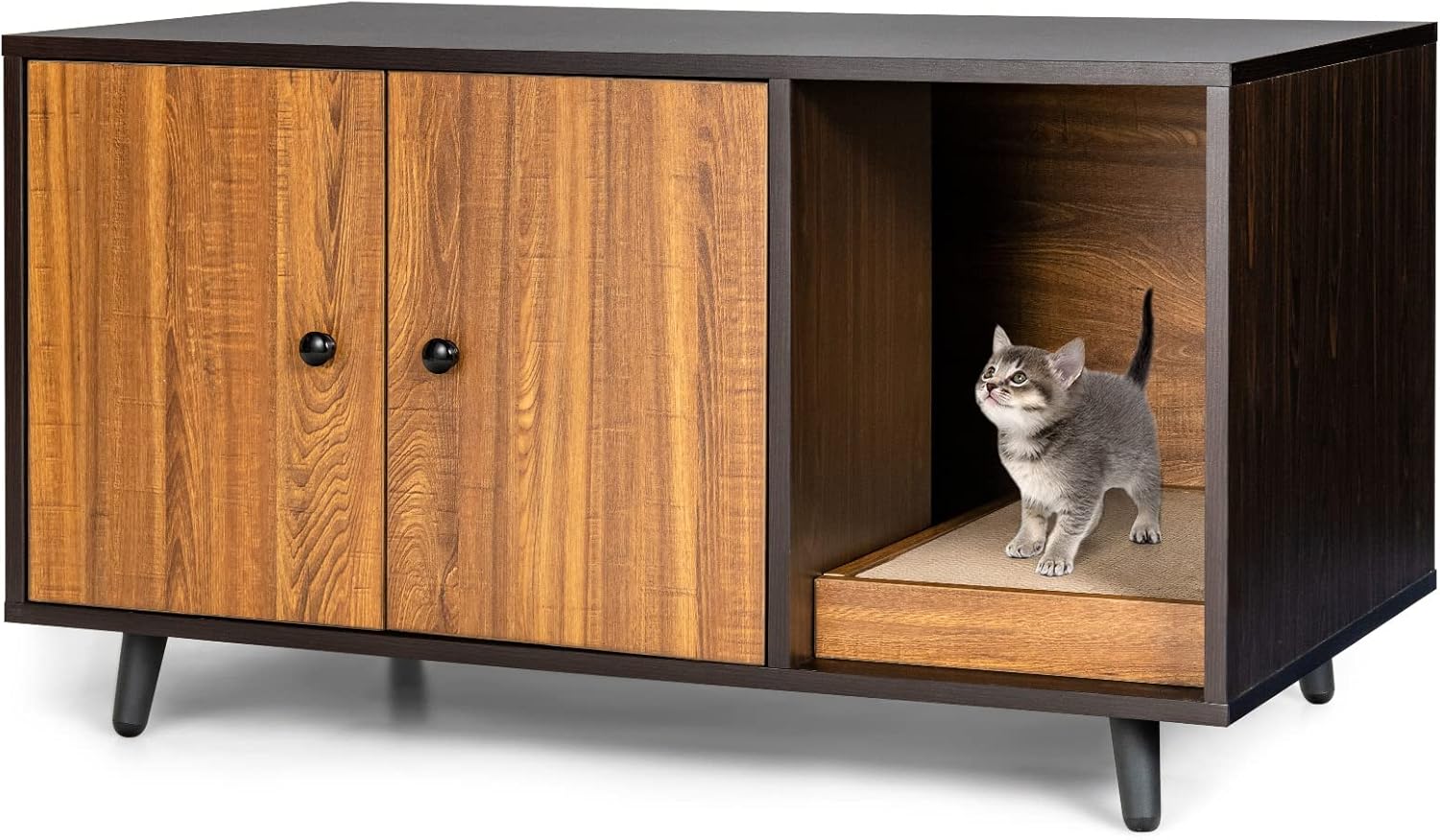 Mobile per Lettiera per Gatti 90 x 50 x 50 cm, Cassetta Igienica per Gatti con Doppia Anta, Divisore, Ingresso Avvolgibile, Tiragraffi e Gambe di Metallo Solido (Marrone)