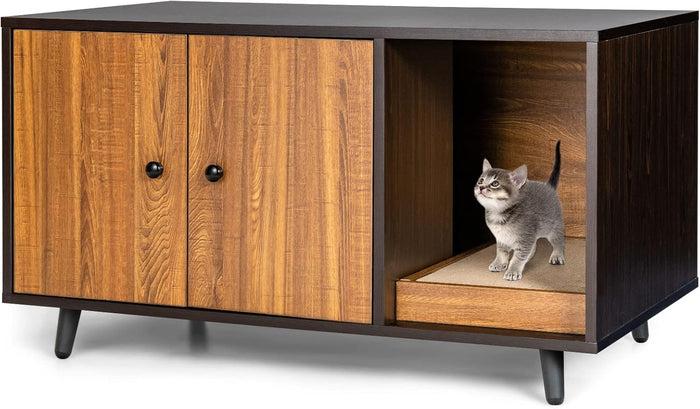 Mobile per Lettiera per Gatti 90 x 50 x 50 cm, Cassetta Igienica per Gatti con Doppia Anta, Divisore, Ingresso Avvolgibile, Tiragraffi e Gambe di Metallo Solido (Marrone)