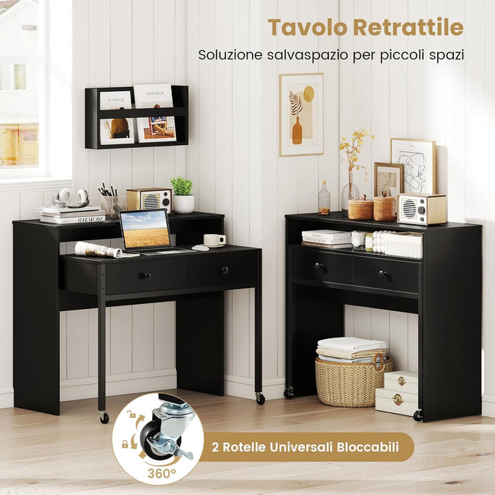 Scrivania per Computer, Tavolo Salvaspazio Retrattile con Cassetti e Ruote Universali Bloccabile, 100 x 63 x 88 cm, Desk Gaming per Ufficio, Soggiorno e Camera da Letto (Nero)