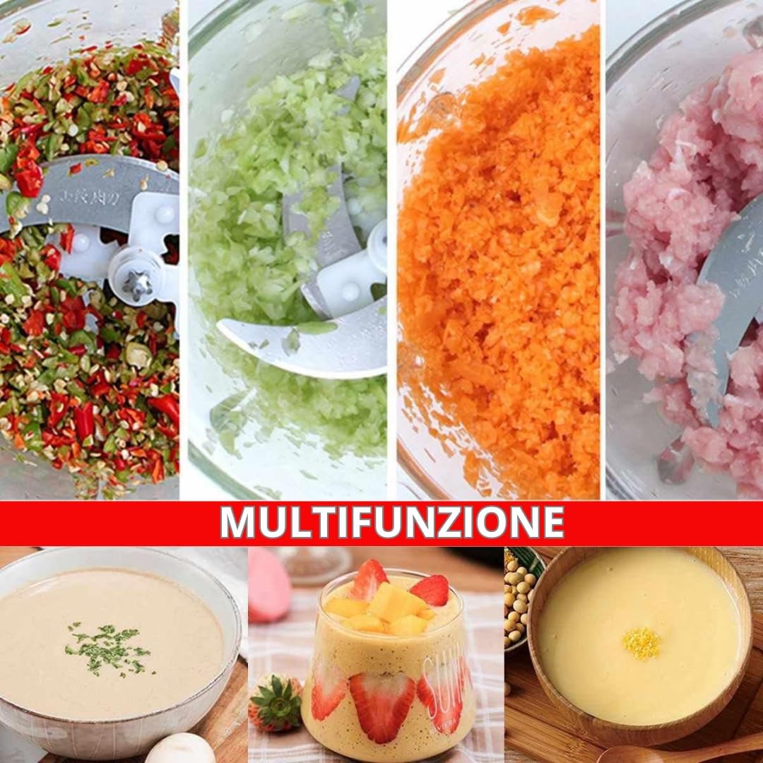 Tritatutto da Cucina Elettrico 500W – Frullatore con 4 Lame in Acciaio Inox, Robot da Cucina Multifunzione con Contenitore in Vetro 3L, Tritacarne e Verdure, Doppia Velocità