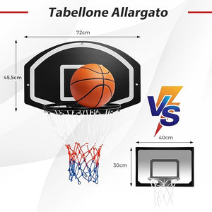 Tabellone Basket da Muro per Bambini e Adulti, Canestro da Basket a Parete con Tabellone Antiproiettile da 72 x 45,5 cm, Rete Anti-vento e Accessori Completi