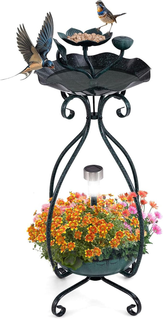 Mangiatoia Solare per Uccelli da Esterno, Vaschetta e Mangiatoia Vintage con Piedistallo e Luci Solari, Casetta per Uccellini Decorativa da Giardino (Bronzo,31 x 31 x 79 cm)
