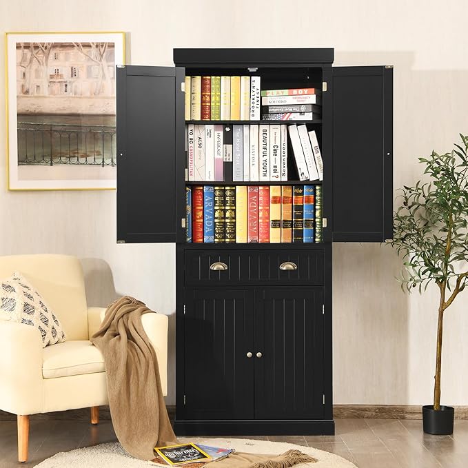 Credenza Alta Cucina, Armadietto Dispensa da Cucina con Portabottiglie, Ripiani Regolabili e 3 Cassetti, per Soggiorno, Cucina e Sala da Pranzo, 106,5 x 42 x 184 cm (Nero)