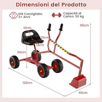 Escavatore Giocattolo, Ruspa Cavalcabile per Bambini con Comandi a 2 Mani e Pala Flessibile, Sedile Rotante 360°, 4 Ruote, per Bambini 3 Anni+ (con Ruote Rosso)