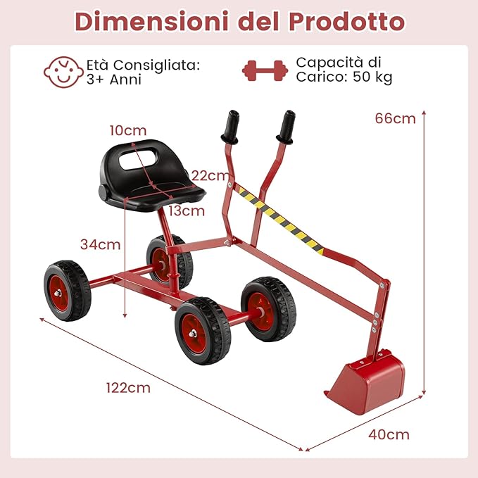 Escavatore Giocattolo, Ruspa Cavalcabile per Bambini con Comandi a 2 Mani e Pala Flessibile, Sedile Rotante 360°, 4 Ruote, per Bambini 3 Anni+ (con Ruote Rosso)