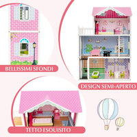 Casa delle Bambole in Legno, con Ascensore Funzionante, Scala Girevole, Stanze Simulate e Ricchi Accessori di Arredamento, Regalo per Bambini di 3+ Anni