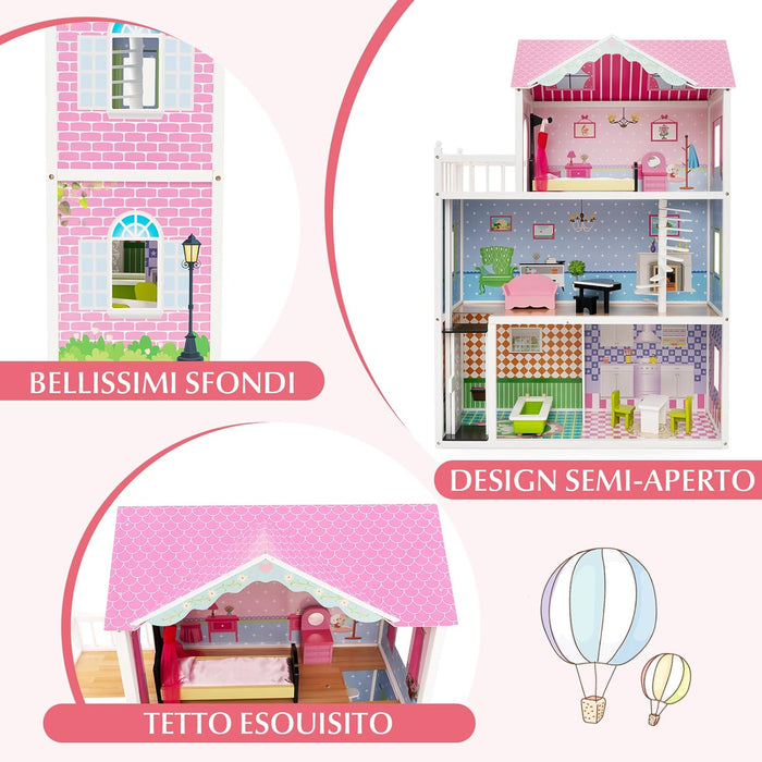 Casa delle Bambole in Legno, con Ascensore Funzionante, Scala Girevole, Stanze Simulate e Ricchi Accessori di Arredamento, Regalo per Bambini di 3+ Anni