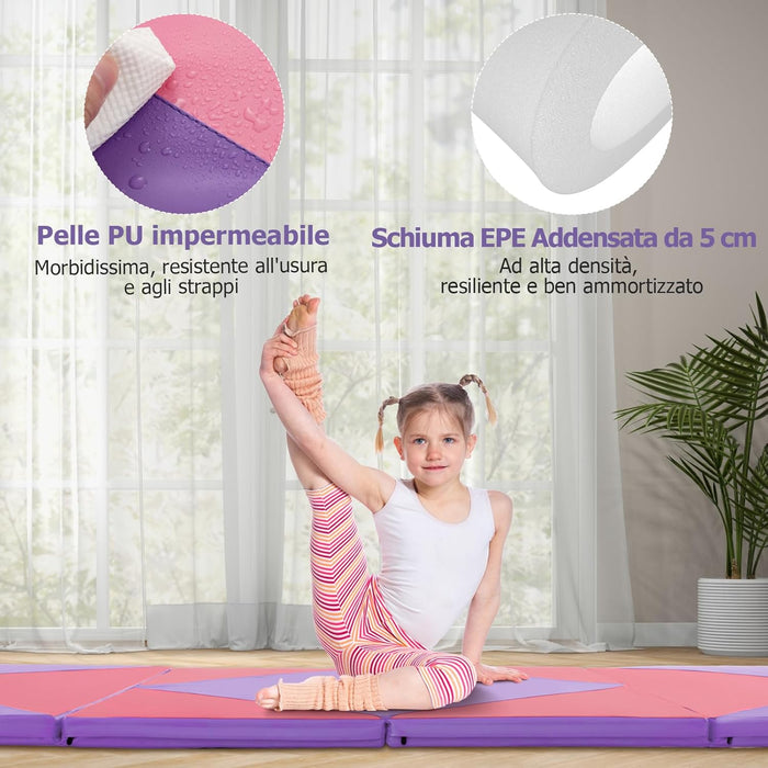Tappetino Ginnastica Pieghevole 240 CM, Tappetino Fitness con Maniglie e Chiusure a Strappo per Stretching, Yoga, Arti Marziali da Casa e Palestra
