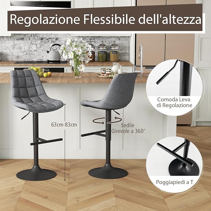 2 Sgabelli Regolabile in Altezza in Tessuto, Sgabello Cucina Girevole a 360° con Poggiapiedi e Seduta Imbottita, Sedia Portata 150 kg per Sala da Pranzo e Penisola Cucina