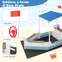 Sabbiera per Bambini a Forma di Nave Pirata con Tettuccio, Barca di Legno di Abete con Bandiera Timone e Sedili, Area Gioco di Sabbia, 218×110×162 cm