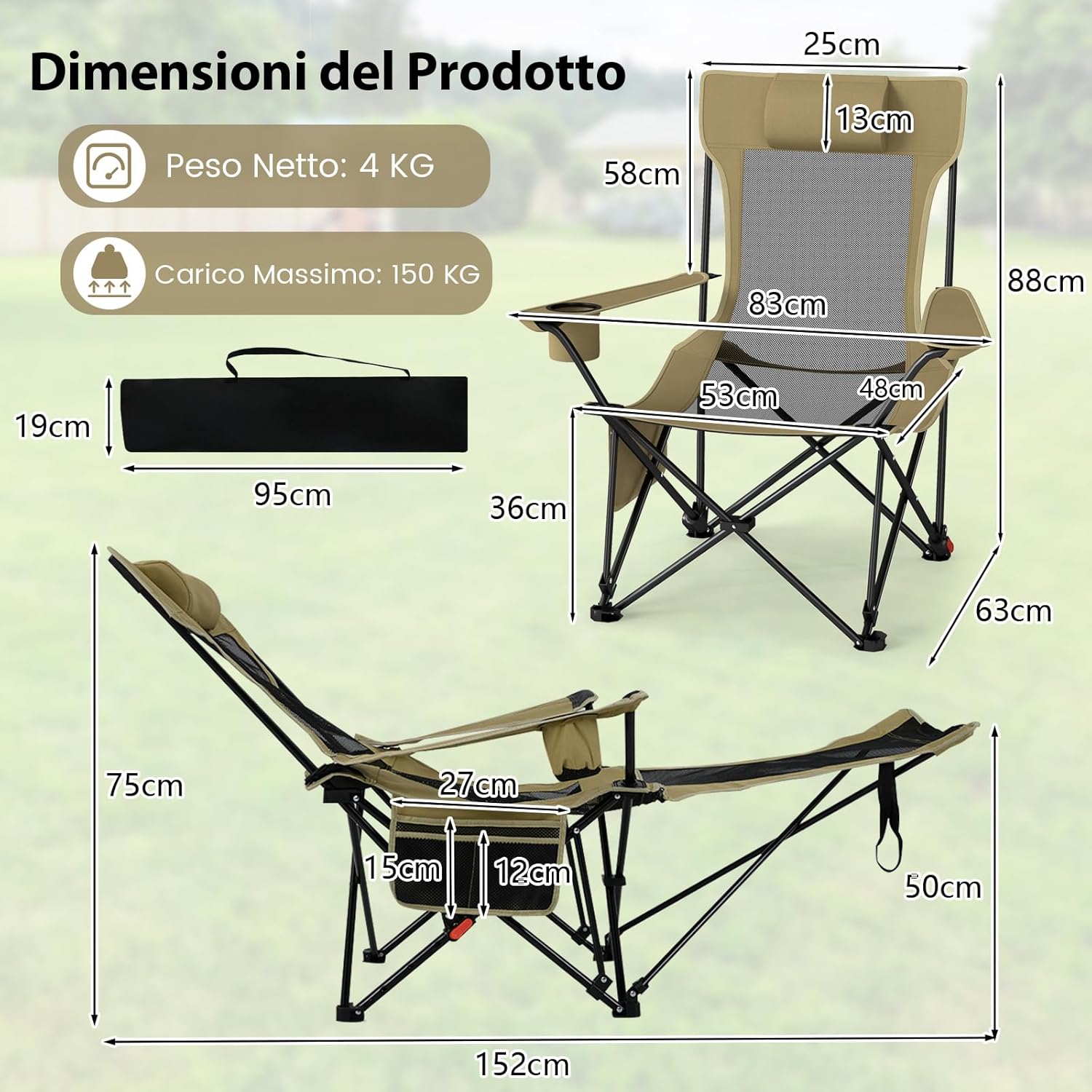 Sedia da Campeggio con Poggiapiedi Rimovibile, Sedia Pieghevole con Schinale Reclinabile, Braccioli e Portabicchieri, Portata 150 kg, Sdraio in Testtuto Oxford per Giardino e Spiaggia (Verde)