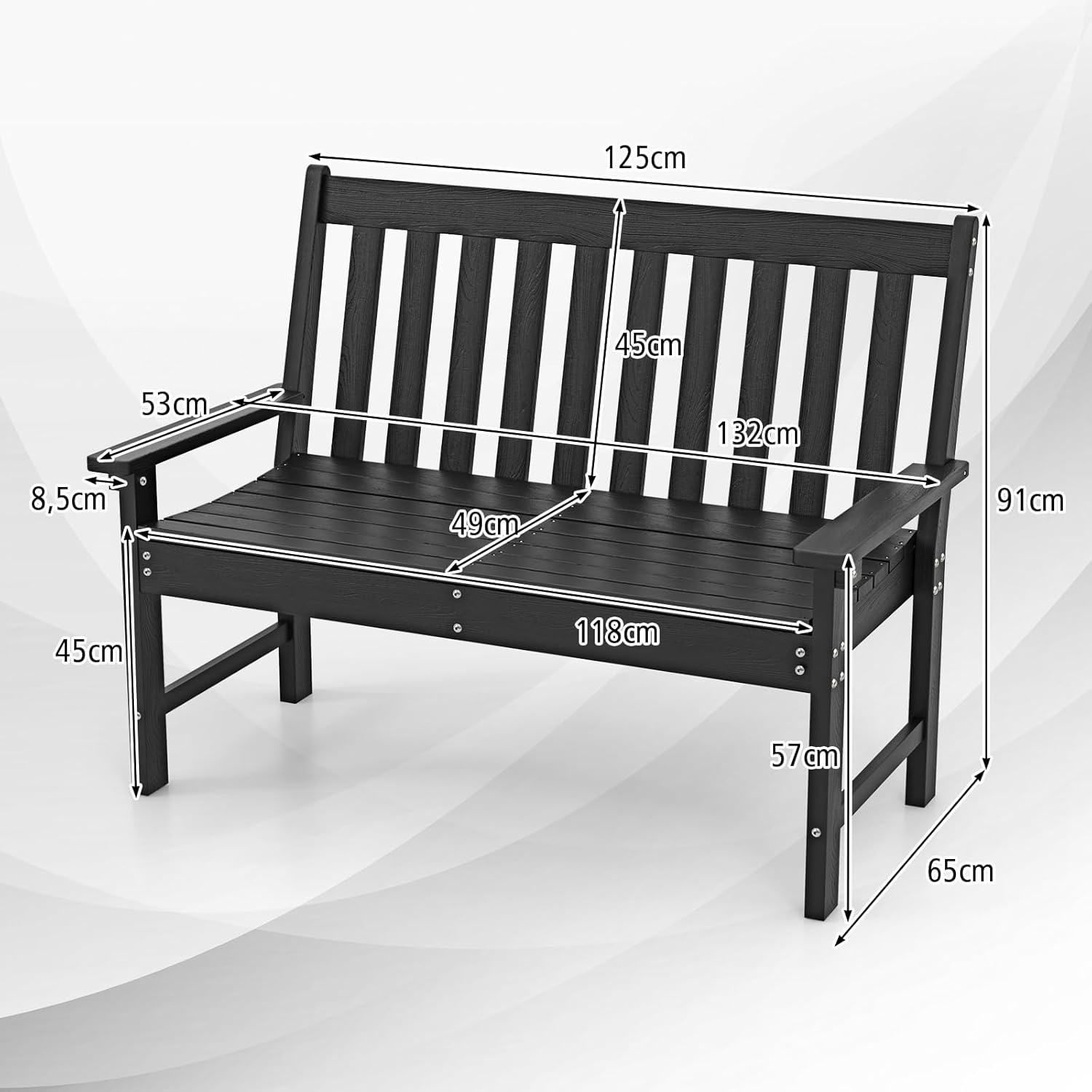 Panchina da Esterno, Panca da Giardino in HDPE Resistente con Schienale e Braccioli, Panchina da Parco, Balcone, Spogliatoio e Cortile, 132 x 65 x 91 cm (Nero)