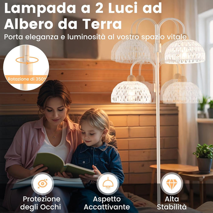 Lampada da Terra, Lampada Piantana da Terra Rotante a 350° con Interruttore a Pedale, Paralumi Intrecciati e 2 Supporti per Bulbi E27, Base Pesante e Stelo Metallico
