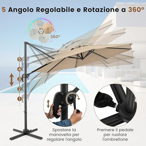 Ombrellone da Esterno 294 cm, Ombrellone con Rotazione a 360°, 5 Angoli di Inclinazione Regolabili, Base a Forma di Croce, 8 Stecche, Ombrellone per Giardino, Piscina, Cortile