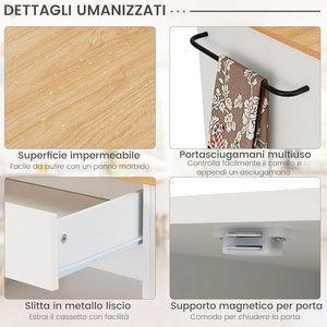 Carrello da Cucina con Ruote, Isola da Cucina con 3 Portaspezie 1 Cassetto Armadietto a 2 Porte, Carrello Portaoggetti con Portasciugamani, 82x46x92 cm (Bianco)