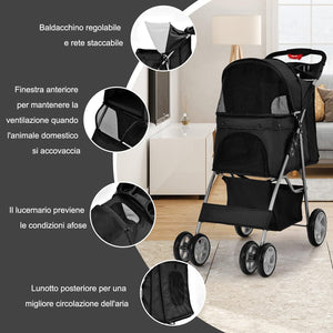 Passeggino per Cani Pieghevole, Carrozzina per Cani a 4 Ruote con Finestra a Rete Porta Bicchiere e Cesto, Passeggino Portatile per Animali Piccola e Media (Nero)