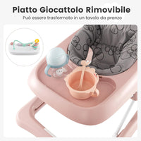 3 in 1 Girello per Bambini, Girello Pieghevole per Bambini, con 3 Altezze Regolabili, Sedile Imbottito e Piatto Giocattolo Rimovibile, Girello a Spinta con Ruote, per Bambini 6+ Mesi (Rosa)