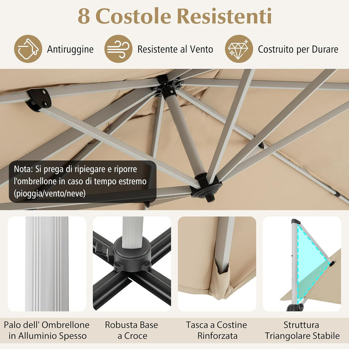 Ombrellone da Giardino 300 cm, Ombrellone Quadrato da Esterno con Rotazione a 360°, Inclinazione Regolabile, Base a Croce, 8 Stecche (Beige, 300 x 300 x 261 cm)