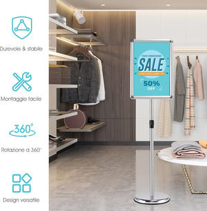 Set 2 Pezzi Supporto Poster Menù Stand per Pubblicità da Terra in Metallo, Girevole e Regolabile in Altezza, A4 / A3 (A3 Argento x 2)