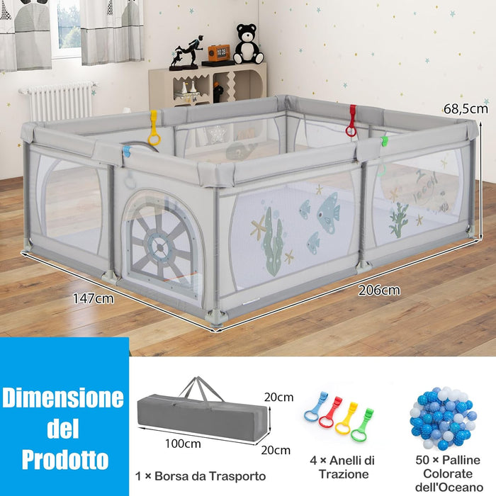 Recinto per Bambini, Box per Bambini con Rete Traspirante, Centro Attività per Bambini con 50 Palline, Box Giochi per Bambini 0-3 Anni (Mondo Sottomarino, 206 x 147 cm)