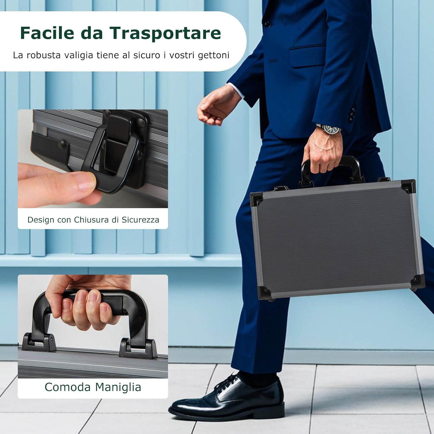 Set da Poker Completo con 400 Finches e 2 Mazzi di Poker, Valigetta in Alluminio con Tappetino, 5 Dadi e Bottone Dealer, Fish Poker per Texas Holdem e Blackjack