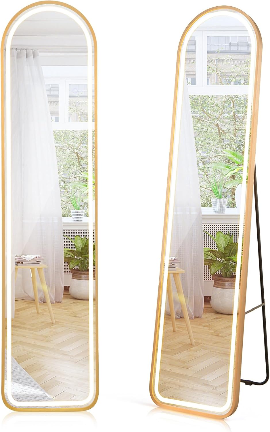 Specchio da Parete con Luci LED, Specchio a Figura Intera Illuminato con Cornice in Alluminio, Luminosità Regolabile e 3 Colori di Illuminazione, 37x38x155 cm