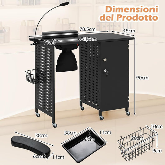 Tavolo Manicure, Tavolo per Unghie con Aspiratore, 6 Ruote Bloccabili, Sacchetti per Polvere, 4 Cassetti, Poggiapolsi, Lampada LED, Cestino Metallico e Armadio