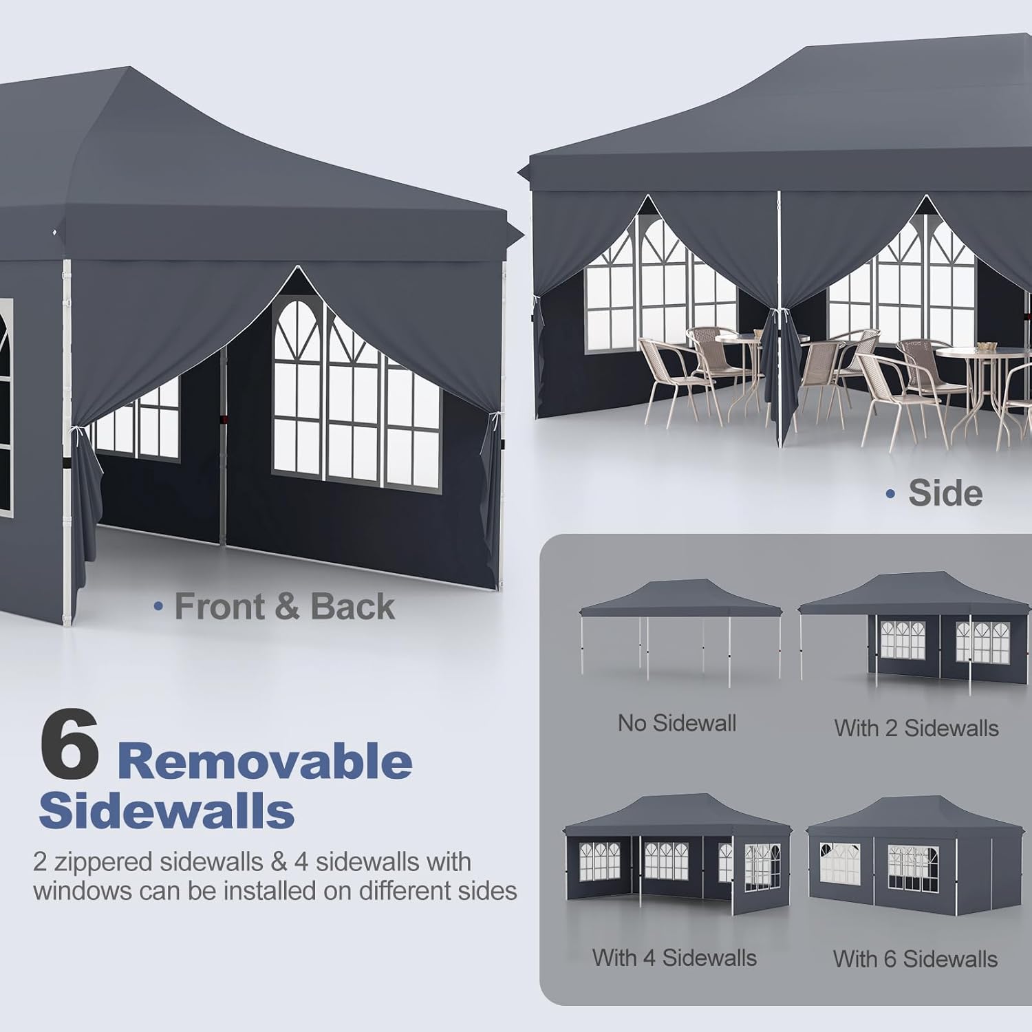 Gazebo da Giardino 3x6m, Gazebo Esterno Resistente Pop Up con 6 Pannelli Laterali e Finestre, 3 Altezze Regolabili, Tenda da Giardino per Matrimoni, Feste, Eventi Commerciali (Grigio)