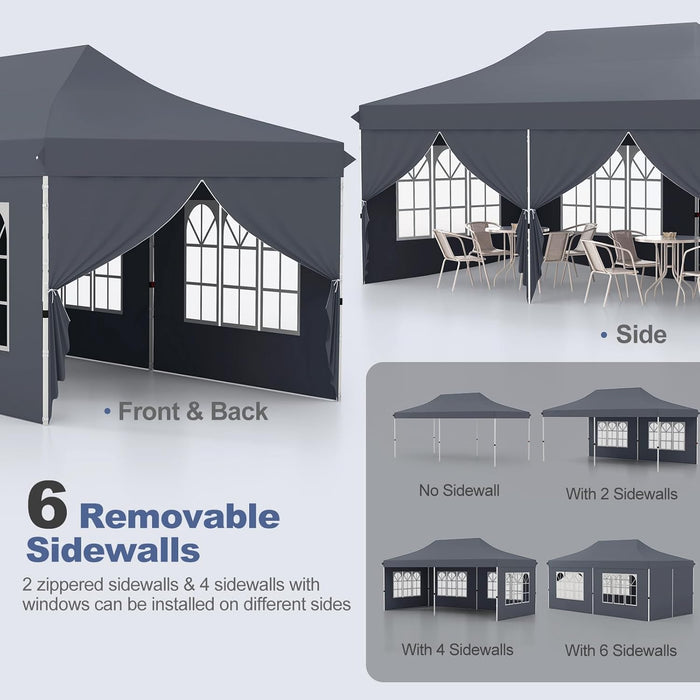 Gazebo da Giardino 3x6m, Gazebo Esterno Resistente Pop Up con 6 Pannelli Laterali e Finestre, 3 Altezze Regolabili, Tenda da Giardino per Matrimoni, Feste, Eventi Commerciali (Grigio)