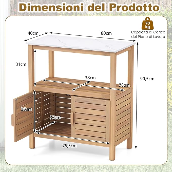 Mobile Buffet per Esterni in Legno di Acacia, Banco da Giardinaggio con Piano in Resina, Scaffale e Armadio e con Porte a Persiana, 80 x 40 x 90,5 cm