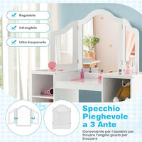 Toeletta Trucco 2 in 1 per Bambina, Specchiera Staccabile per Ragazza in Legno Robusto con 4 Scomparti, Sgabello e Specchio, Postazione Trucco per 3 Anni, 104 x 40 x 117 cm(Bianco)