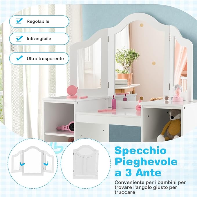 Toeletta Trucco 2 in 1 per Bambina, Specchiera Staccabile per Ragazza in Legno Robusto con 4 Scomparti, Sgabello e Specchio, Postazione Trucco per 3 Anni, 104 x 40 x 117 cm(Bianco)