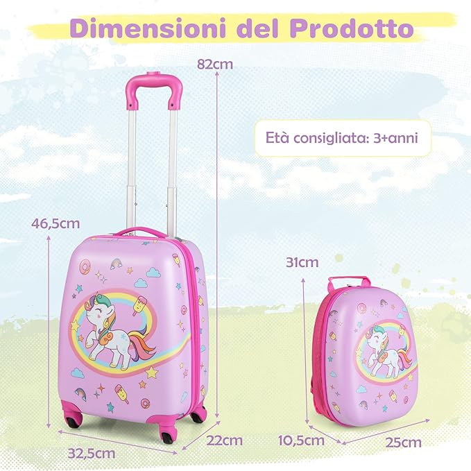 Set di Valigia per Bambini, 16" Valigia+ 12" Zaino, 2 Pezzi, con Ruote Girevoli a 360° e Maniglia Retrattile, Ideale per Viaggiare in Modo Comodo e Divertente (Modello 21)
