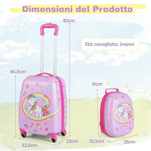 Set di Valigia per Bambini, 16" Valigia+ 12" Zaino, 2 Pezzi, con Ruote Girevoli a 360° e Maniglia Retrattile, Ideale per Viaggiare in Modo Comodo e Divertente (Modello 21)