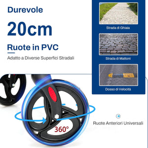 Deambulatore 2 in 1 per Anziani in Alluminio, Rollator Pieghevole e Regolabile in Altezza con Sedia, Schienale Reversibile, Manici Regolabili, Ruote, Poggiapiedi e Borsa Rimovibile (Blu)