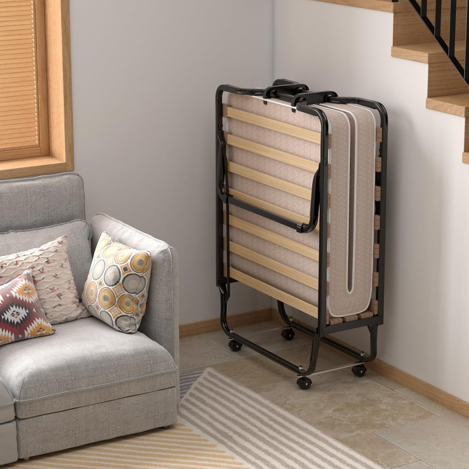 Letto Brandina Pieghevole, con Materasso in Memory Foam, Struttura Resistente e 4 Ruote Girevoli, Lettino Pieghevole, 200 x 80 x 40cm, Made in Italy (Beige)