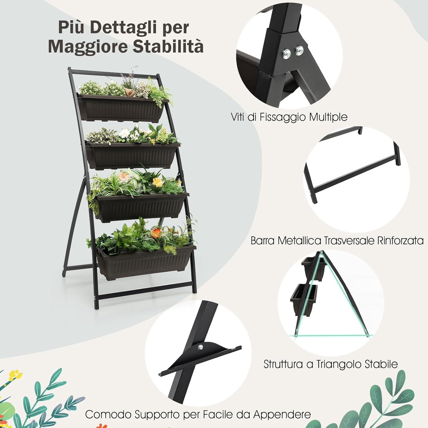 Letto da Giardino Rialzato Verticale, Fioriera Elevata a 4 Livelli con Fori di Drenaggio, Fioriera Autoportante per Interni ed Esterni per Verdure, Erbe e Fiori (76 cm x 70,5 cm x 160 cm)