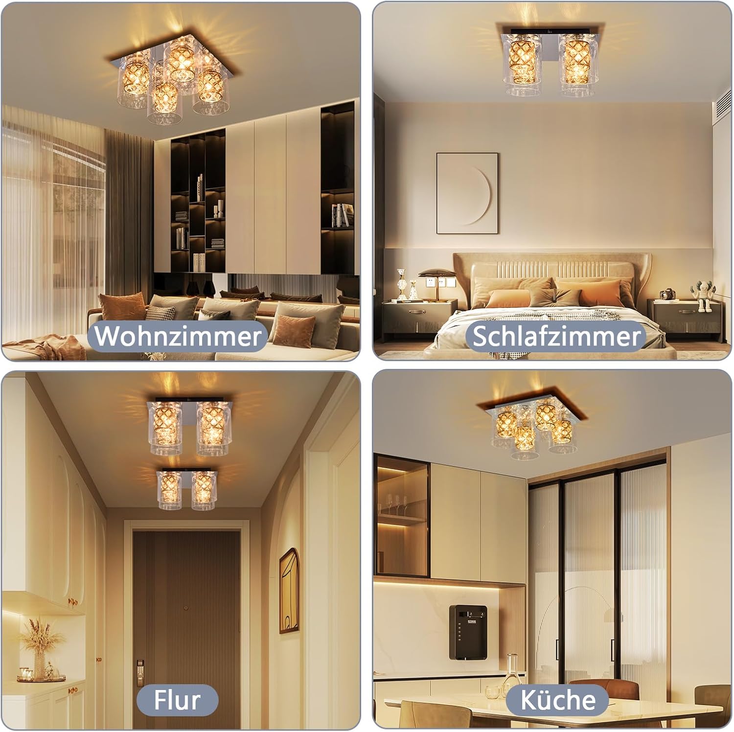 ZMH Lampada da soffitto plafoniera cristallo trasparente 4 luci per soggiorno cucina