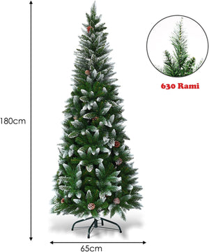Albero di Natale Innevato 180/220 cm, Albero di Natale Slim con Pigne, Base di Metallo e Rami Rigogliosi in PVC, Ideale per Casa, Ufficio e Negozio (180 cm)