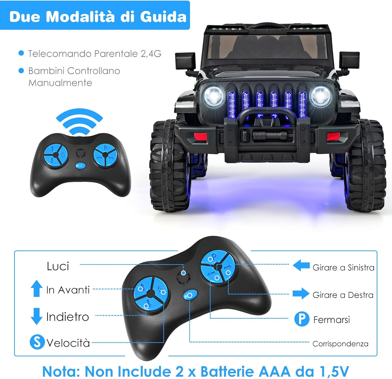 12V Auto per Bambini con Telecomando, Macchina Elettrica con 2 Posti Musica Porta USB e Luce, Velocità Regolabile 2,6-6km/h, per 3-8 Anni (Nero)