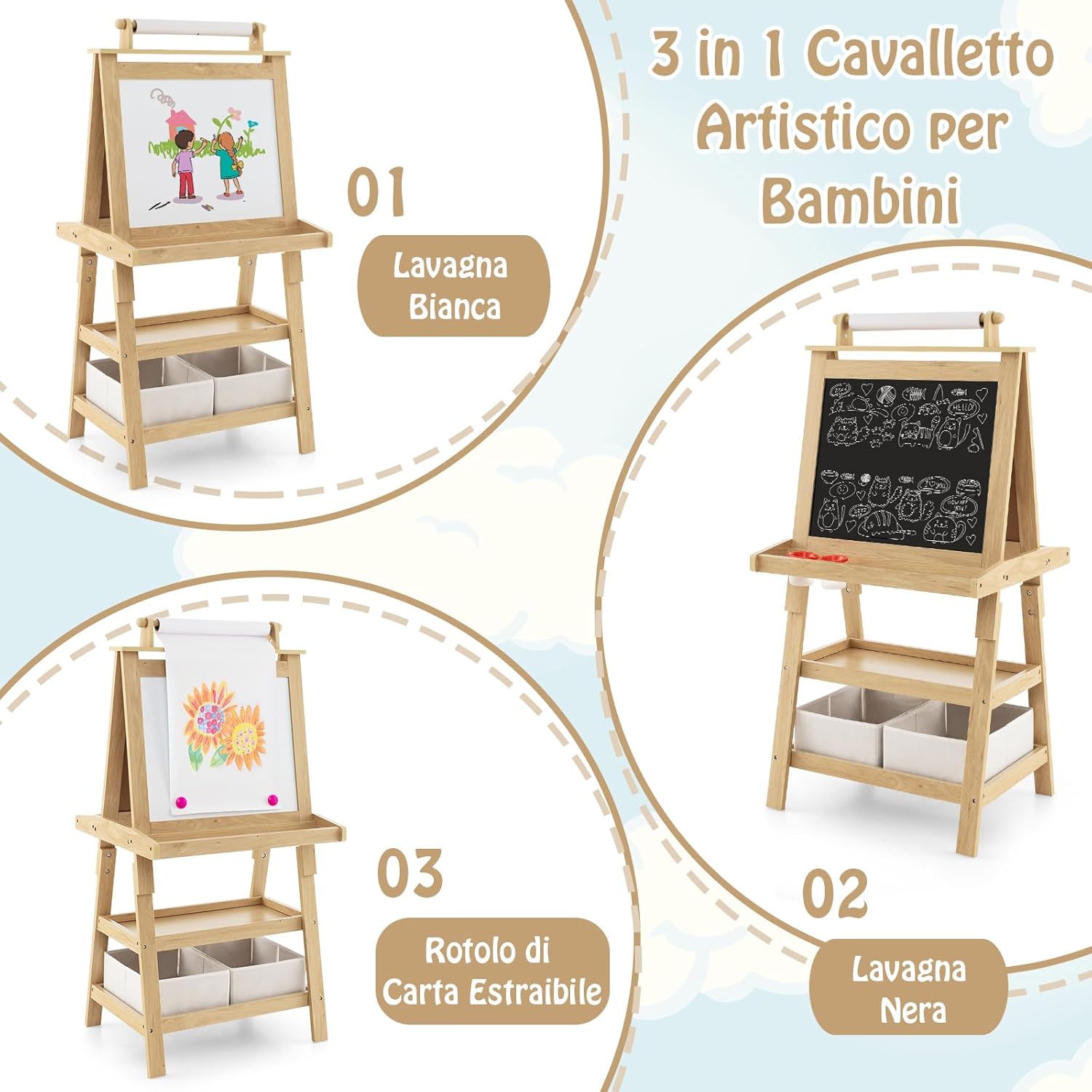 3 in 1 Cavalletto per Bambini con Doppia Faccia, Cavalletto per Disegno con 2 Vassoi e 2 Scatole, Lavagna Bambini in Legno (Naturale)
