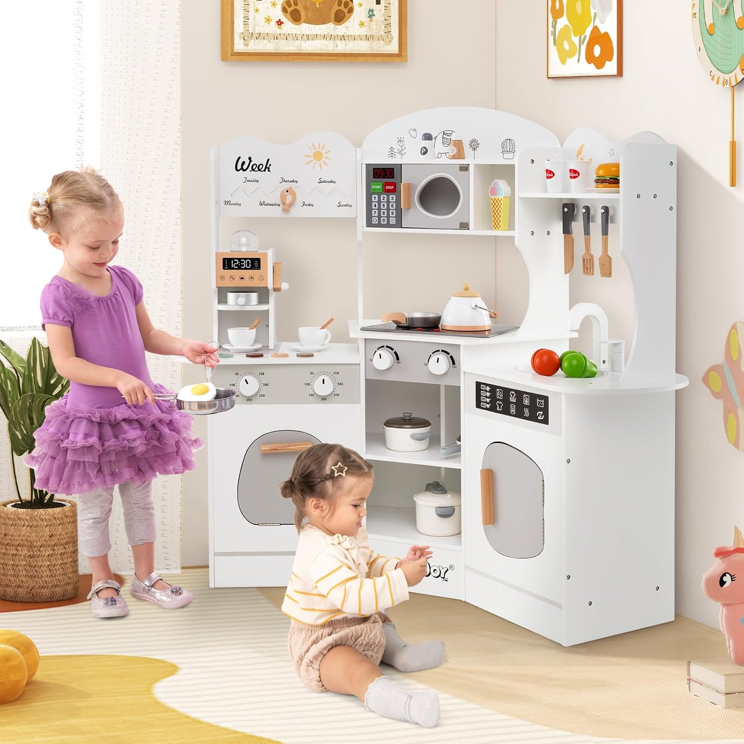 Cucina Giocattolo Angolare con Fornelli e Micronde da Suoni e Luci, Cucina per Bambini in Legno con Macchina Caffè, Lavandelo, Forno e Lavatrice, Set Cucina con Accessori (Bianco)