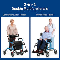 Deambulatore 2 in 1 per Anziani in Alluminio, Rollator Pieghevole e Regolabile in Altezza con Sedia, Schienale Reversibile, Manici Regolabili, Ruote, Poggiapiedi e Borsa Rimovibile (Blu)