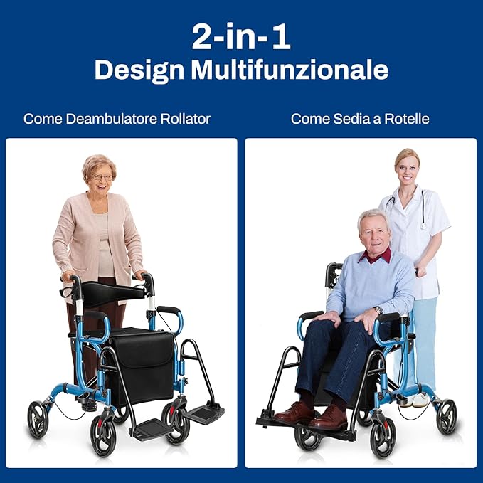 Deambulatore 2 in 1 per Anziani in Alluminio, Rollator Pieghevole e Regolabile in Altezza con Sedia, Schienale Reversibile, Manici Regolabili, Ruote, Poggiapiedi e Borsa Rimovibile (Blu)