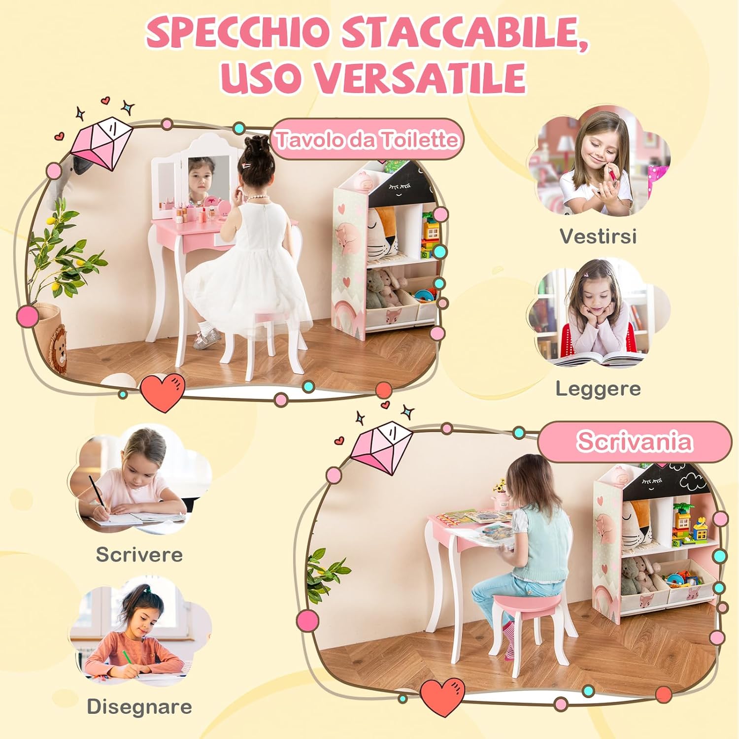 Set Toeletta da Trucco per Bambini, Toeletta Trucco con Specchio Triplo Pieghevole in Acrilico, Sgabello, Cassetto e Accessori, Bianco e Rosa