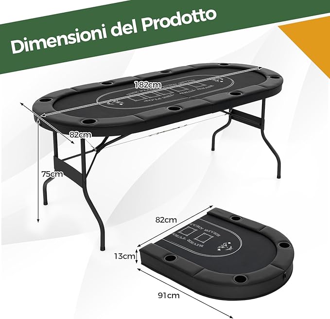 Tavolo da Poker Pieghevole 182 cm per 8 Giocatori, Tavolo da Gioco Ovalo con Supporti per Bicchieri, Rivestimenti Imbottiti, per Blackjack, Texas Hold’em, Giochi da Casinò (Nero)